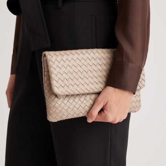 Quince Italian Leather Handwoven Foldover Clutch – Taupe – Convertible Crossbody - Picture 3 of 10